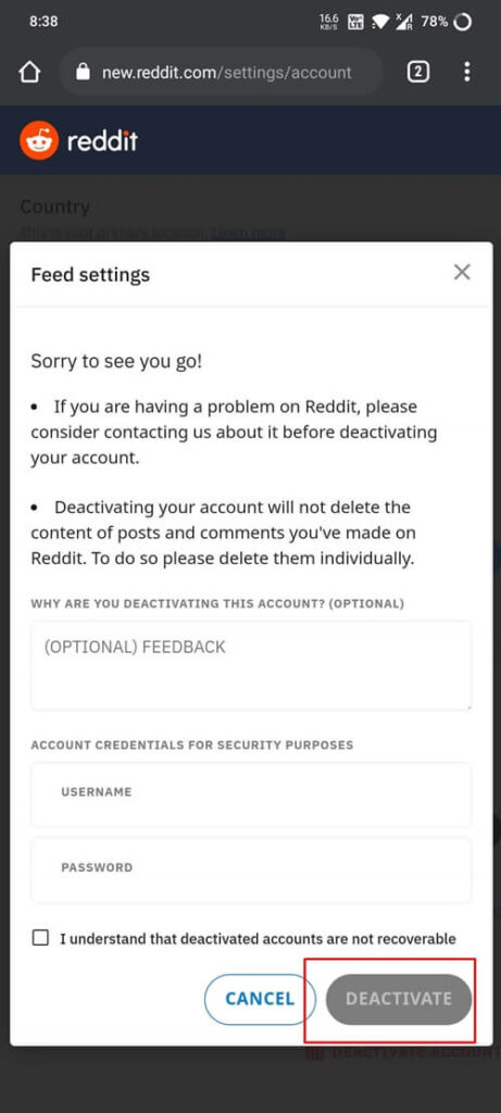 Reddit deactivation feedback and login page