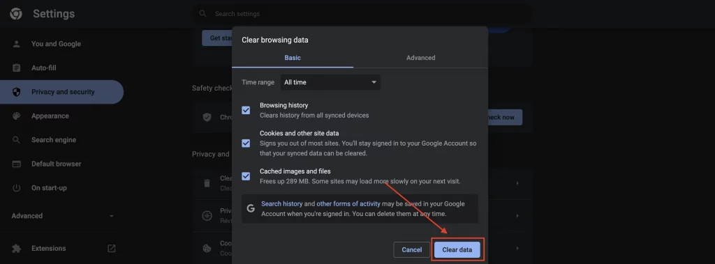 Cache clearing setting on Chrome