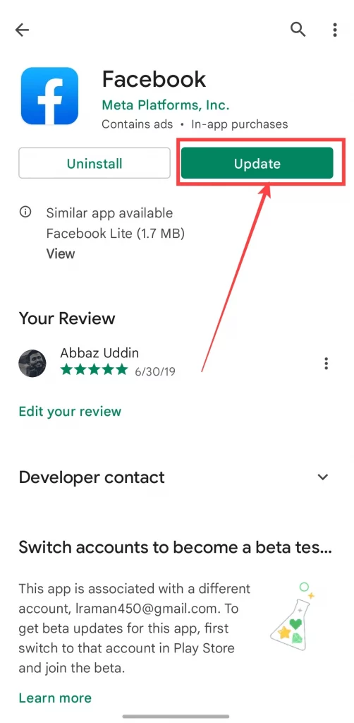 Update button for Facebook app on Playstore