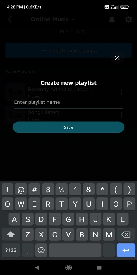 Playlist name pop-up screen. (Amazon Music)
