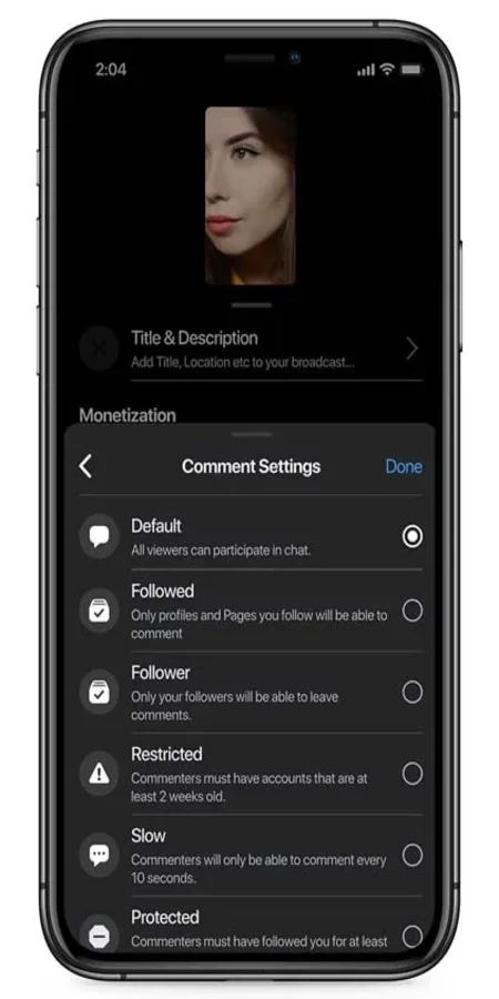 Comment Moderation Settings on Facebook Live.