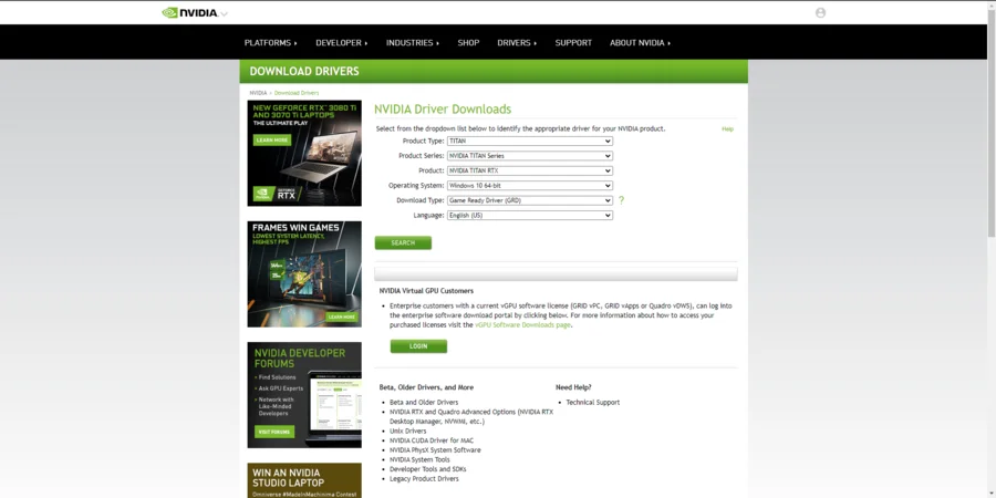 Nvidia Driver Downloads Page.