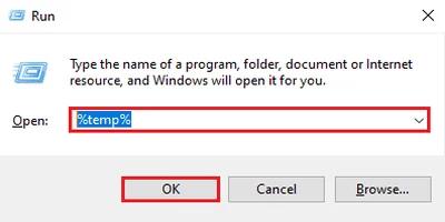 Access the Temp folder from the Run command window.