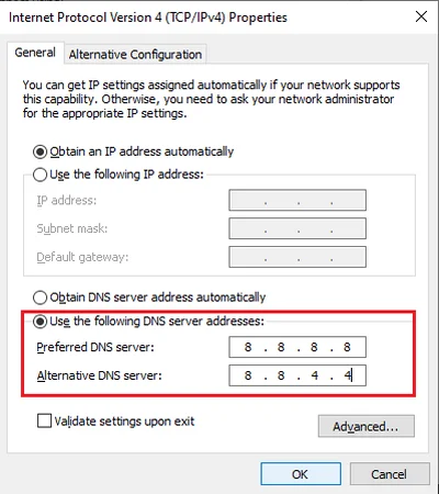 DNS Server addresses. (Windows 10)