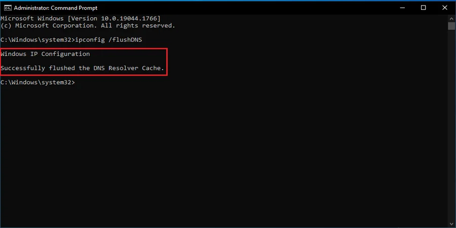 Successfully flushed the DNS Resolver Cache. (Windows IP Configuration)