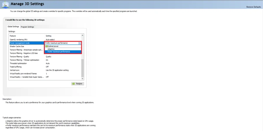 Power Management Mode (Prefer Maximum Performance)