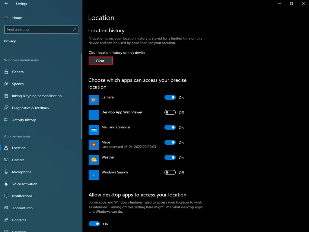 Clear Location History in Windows 10/11. (Settings)