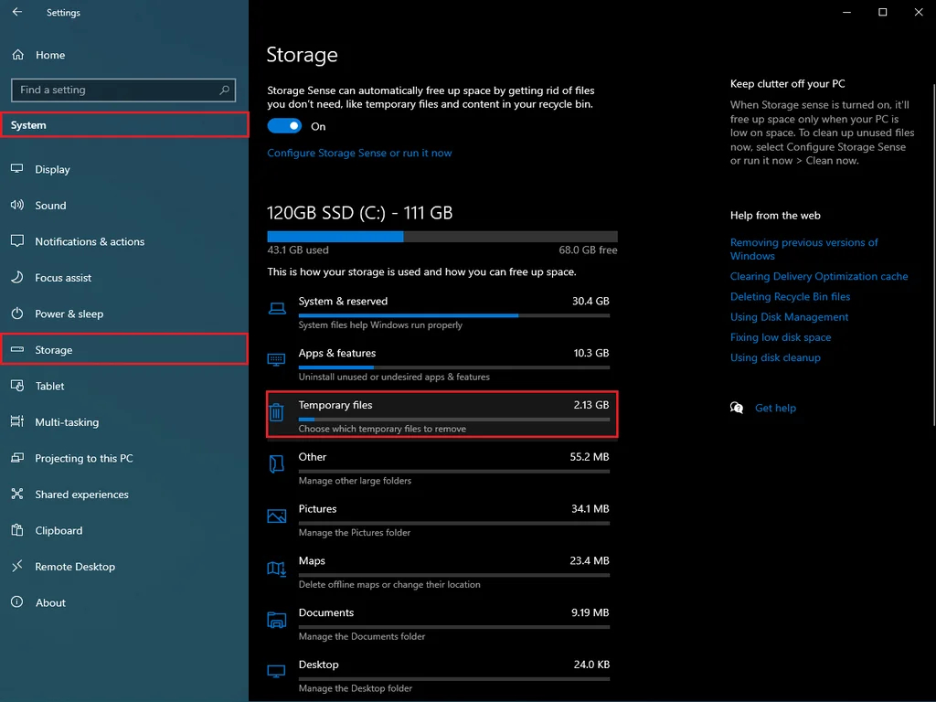 Temporary files inside the Settings app.