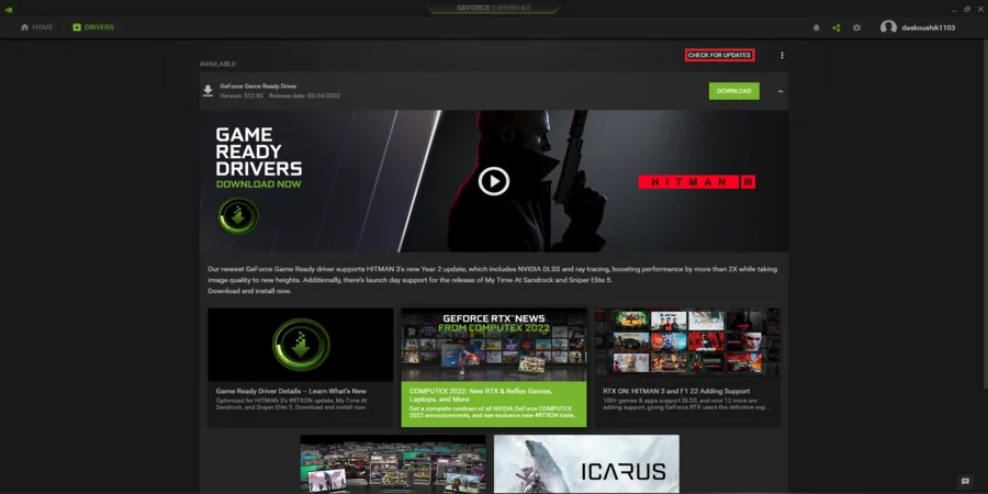 Check for Updates option (GeForce Experience)