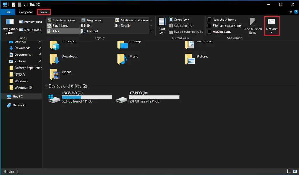 Access Folder Options from the File Explorer.