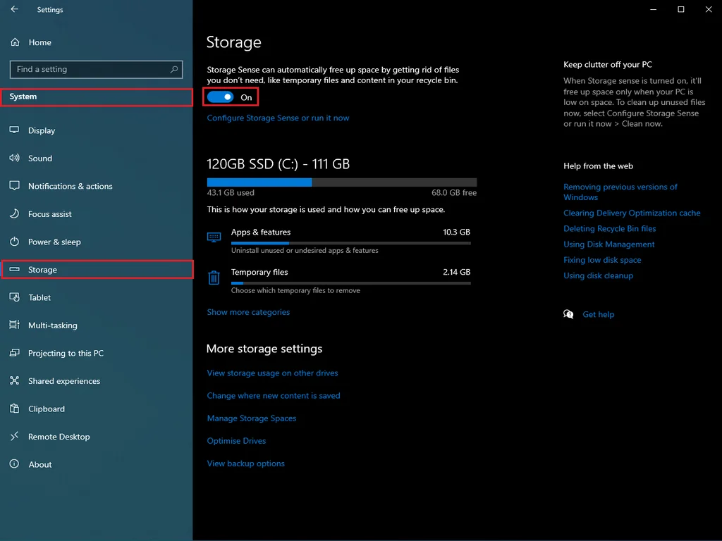 Storage Sense inside the Settings app. 