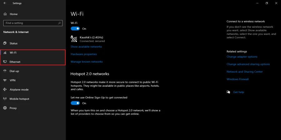 Wi-Fi or Ethernet connection. (Windows 10) 