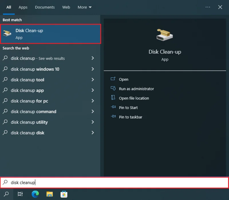Access Disk Clean-up utility from the Search Bar. 