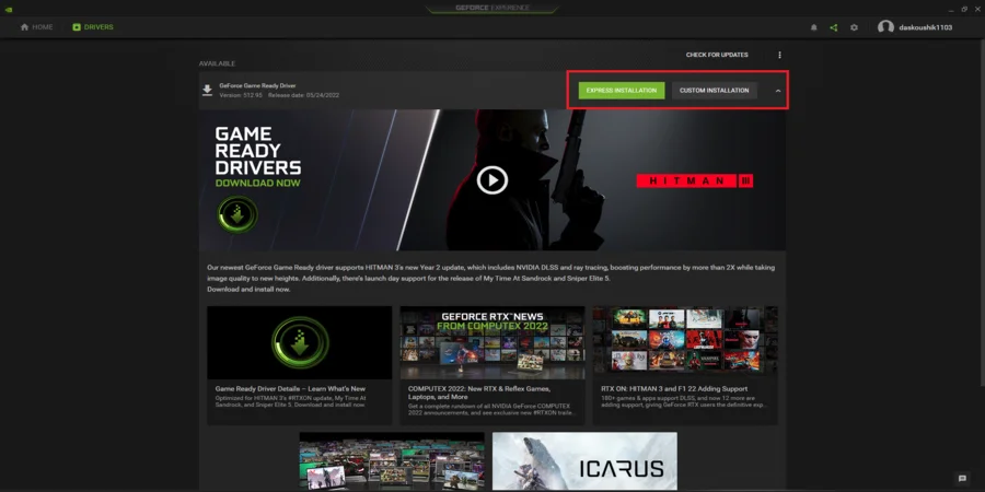 Express Installation/Custom Installation (GeForce Experience)