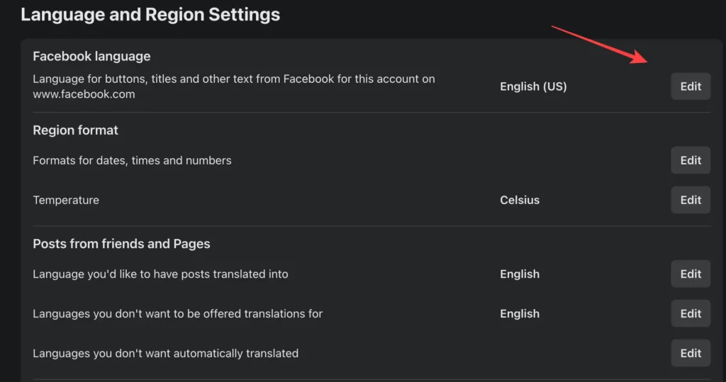 Facebook language edit button on browser