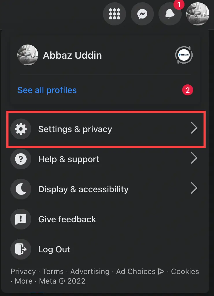 facebook settings and privacy button on web