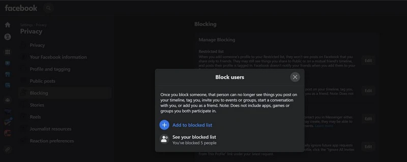 Block feature on Facebook