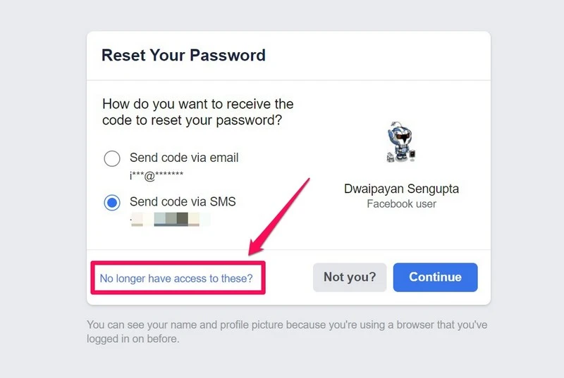 password reset sceen on facebook
