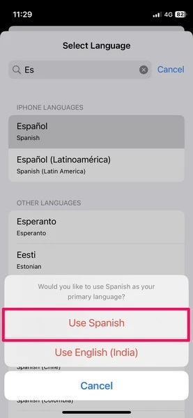 language change confirmation on iphone