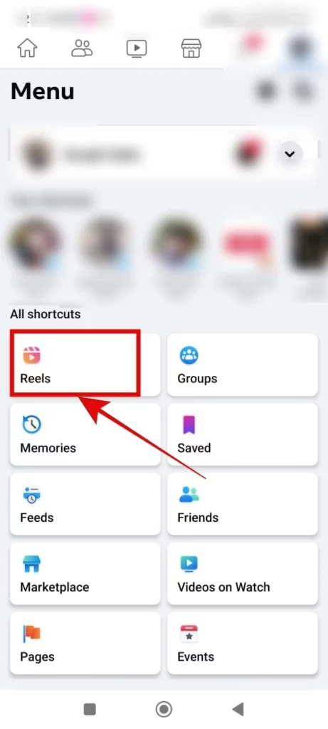 Facebook app reels shortcut