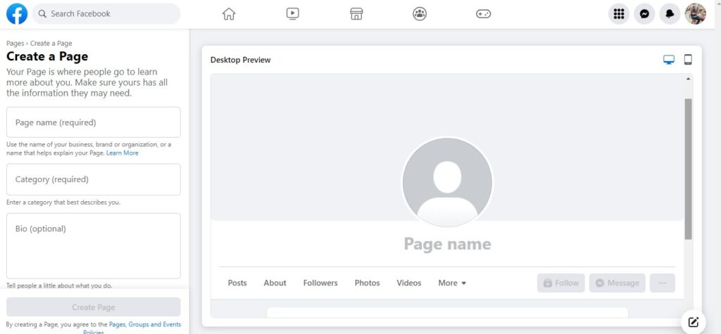 Facebook page creation window on a desktop