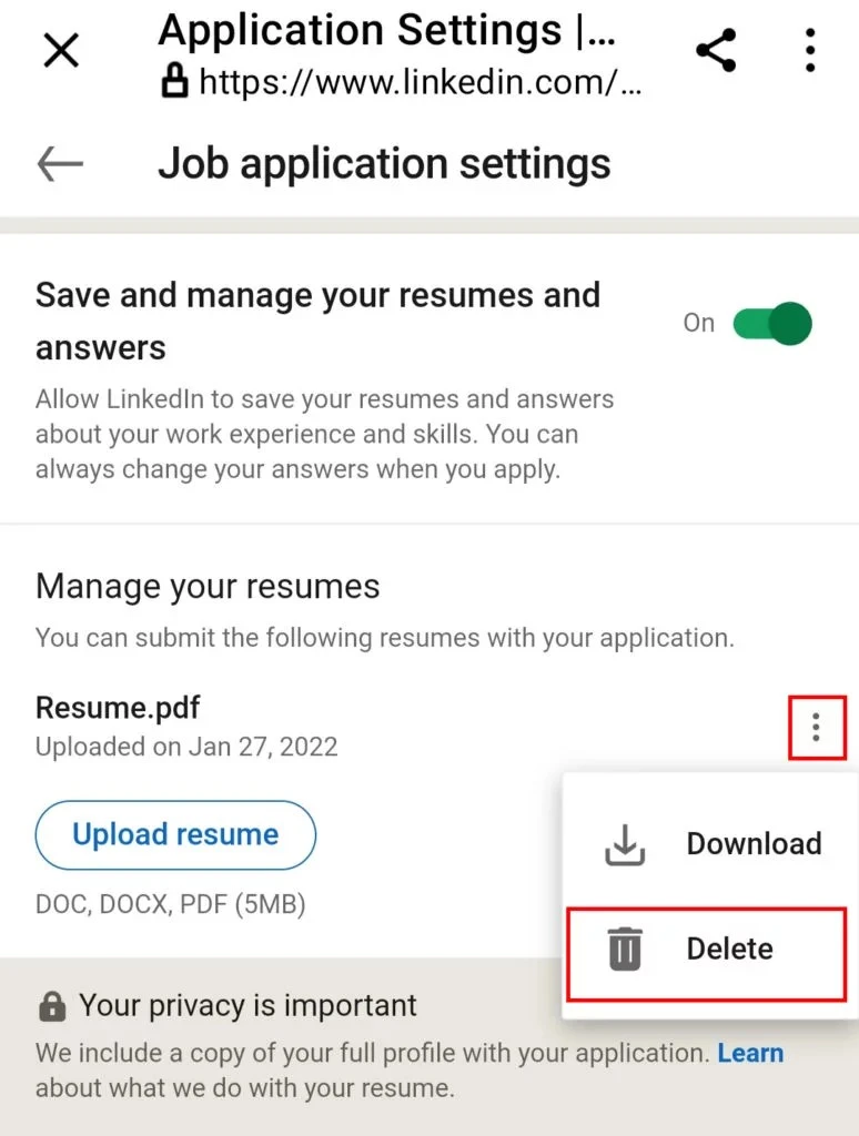 deleting resume on linkedin