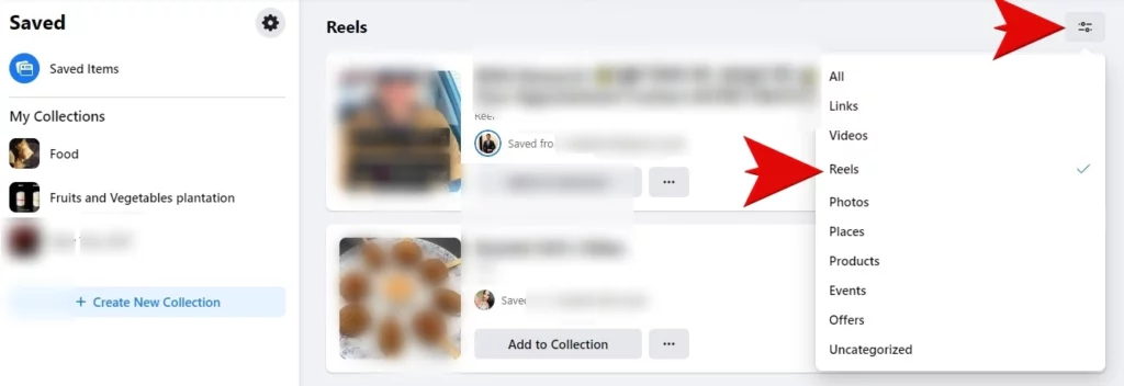 reels from saved content categories on facebook