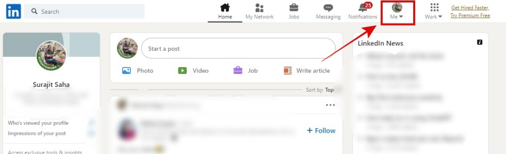 LinkedIn profile button on web