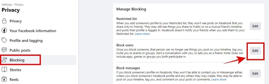"Block Users," click on "Edit."
