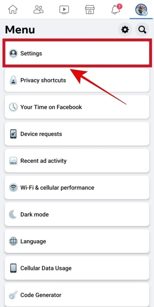 Settings button on facebook app