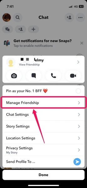 manage friendship button on snapchat