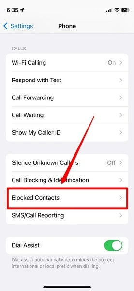 Blocked Contacts option on iphone settings