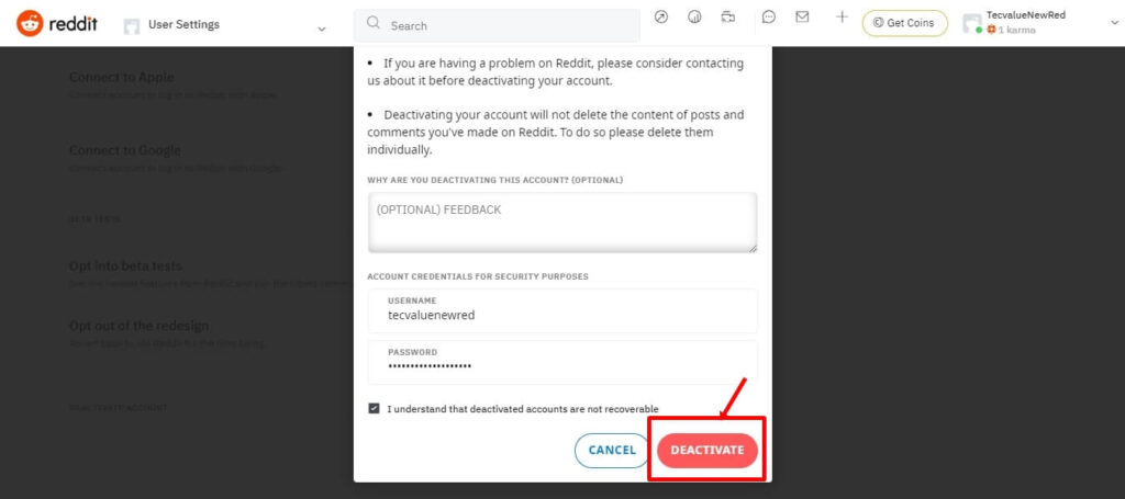 Reddit deactivation login credential page