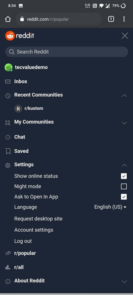 Reddit profile setting page on mobile