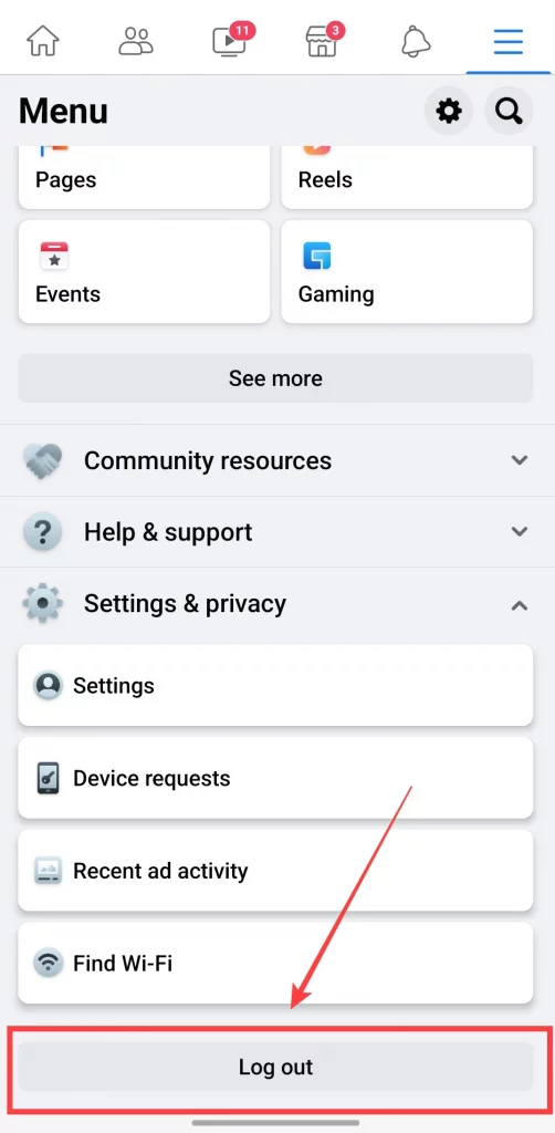 Logout button on Facebook App