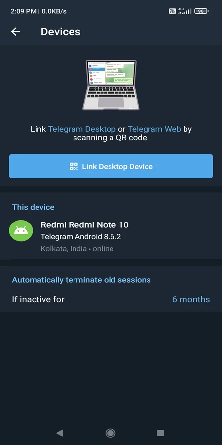 Link Desktop Device option in Telegram Messenger.