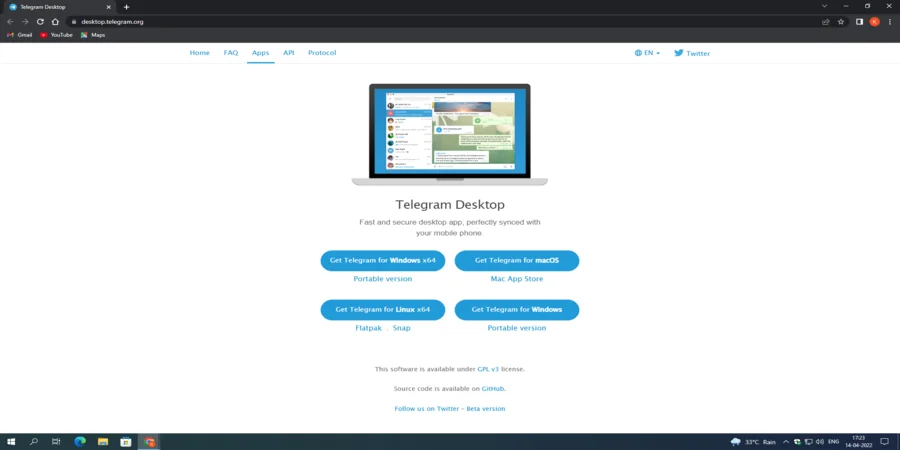 Telegram Desktop Download Page.