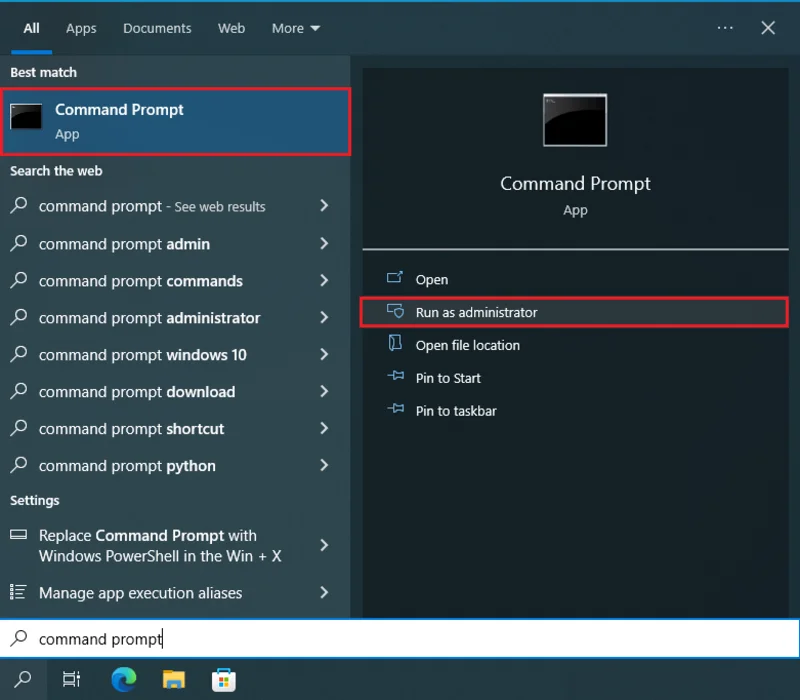 Access Command Prompt from the Search Bar. (Windows 10)