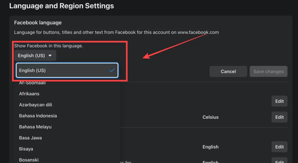 Facebook web supported languages