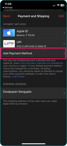 Add Payment Method Button
