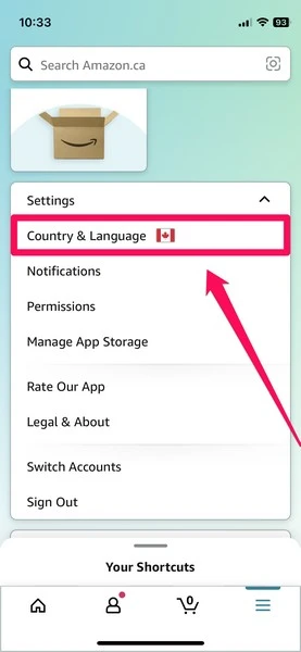 Change language and location feature on Amazon app iphone