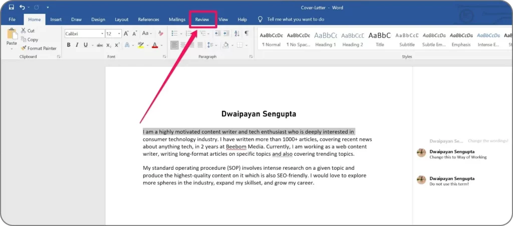 Review button on Microsoft Word