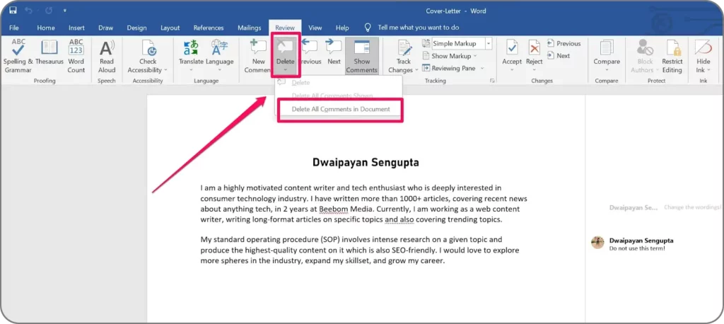 Delete all action on MS Word