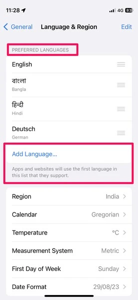 preffered languages on iphone