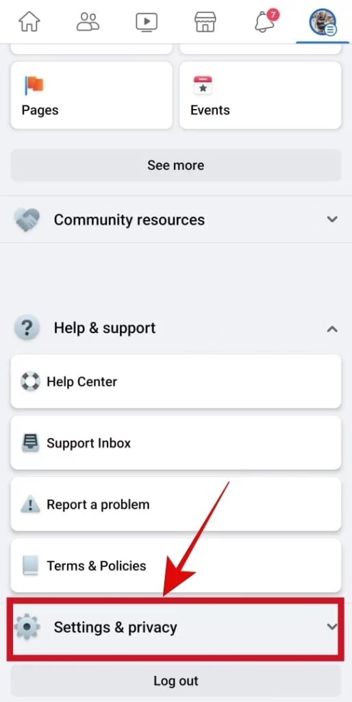 Settings & Privacy on facebook app