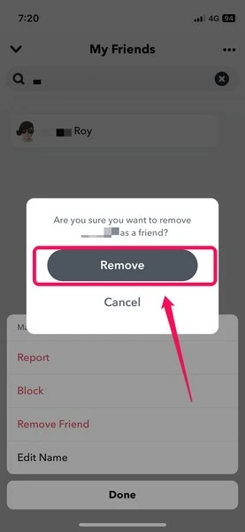 friend remove button on snapchat iphone app
